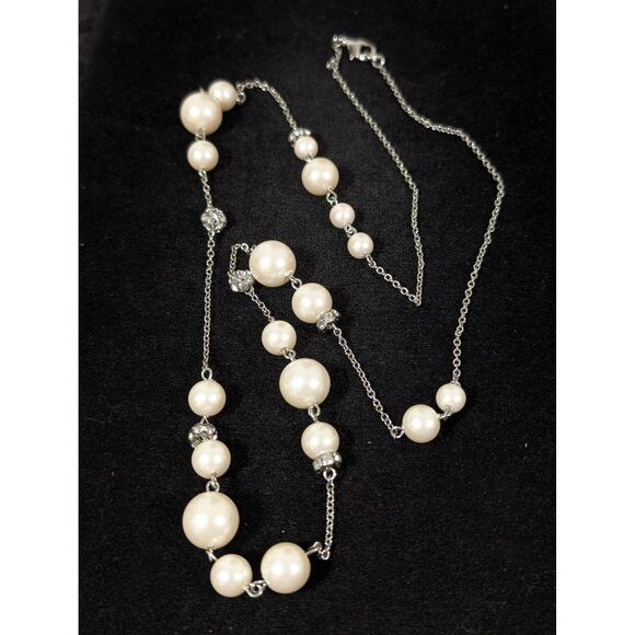 Retro White Faux Pearl Station Chain Rhinestone Long Layering Necklace 34" - Picture 2 of 7